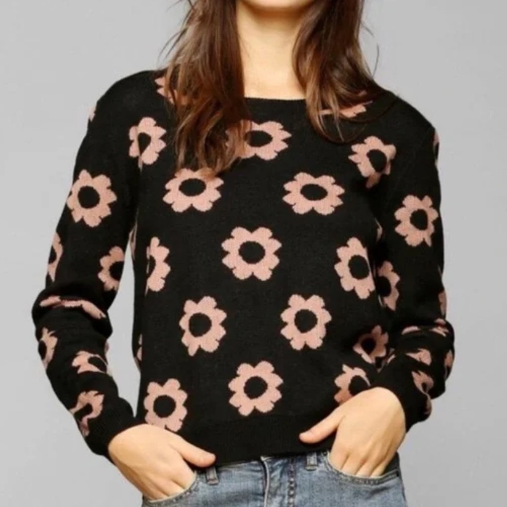 Anthropologie Black and Pink Floral Sweater